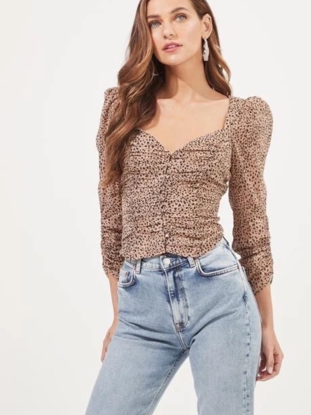 Astr Ruched Sweetheart Leopard Print Top - Tan/Black